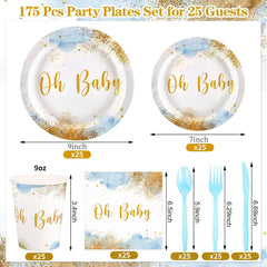175 Pcs Baby Boy Shower Decorations, Dusty Blue, Includes Plates, Napkins, Cups, Cutlery for 25 Guests, D9267K-11-N