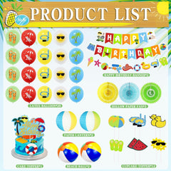 Summer Beach Party Decorations, Beach Theme Pool Birthday Party Supplies Including Birthday Banner Garland Paper Lanterns Balls Cupcake Toppers Balloons Set for Hawaiian Luau Party