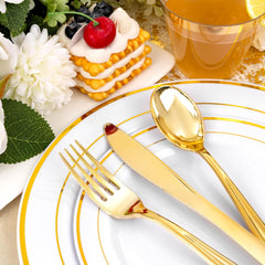 350PCS Gold Plastic Dinnerware Set - Gold Disposable Dinnerware for 50 Guests, Includes 50 Dinner Plates, 50 Dessert Plates, 50 Forks, 50 Knives, 50 Spoons, 50 Cups & 50 Napkins for Party