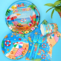 Beach Paper Plates, Beach Plates and Napkins Party Supplies, Disposable Plates, Cups, Napkins, Cutlery and Tablecloth for Hawaiian, Summer Party, Beach Birthday Party Decorations Serves 24