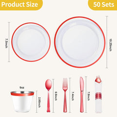 350 Piece Red Plastic Dinnerware Set for Party, Clear Disposable Plates for 50 Guests, Include: 50 Dinner Plastic Plates, 50 Dessert Plates, 50 Pre Rolled Napkins with Cutlery Set, 50 Cups