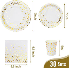 Party Supplies Set - 210 Pieces of White and Gold Dot Paper Plates, Cups, Napkins, and Heavy Duty Silverware for 30 Guests for Birthdays, Graduation, Wedding, Festivals