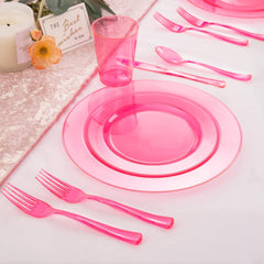 25 Guest Pink Plates with Pink Plastic Silverware&Pink Cups-Neon Clear Disposable Dinnerware Include 50 Plates,25Forks, 25 Knives, 25 Spoons,25 Plastic Cups for Party and Baby Shower