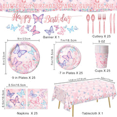178 PCS Butterfly Birthday Party Supplies Disposable Paper Plates, Napkins, Cups, Cutlery, Tablecloth, Banner, and Hanging Swirl for Butterfly Birthday Decorations, Serves 25