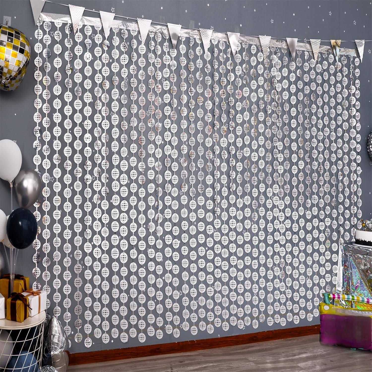 Disco Party Decorations, 2 Pack Disco Ball Photo Booth Props, 3.3X6.6 Ft Silver Foil Fringe Curtains Photo Backdrop for the 70S 80S Last Disco Bachelorette, Decades, Taylor Party Decor