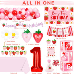 Berry First Birthday Decor Strawberry 1St Birthday Decorations for Girls with Balloon Arch, Highchair Banner Strawberry Theme Backdrop, Photo Banner, Cake Topper