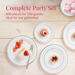 600 Piece Dinnerware Set for 100 Guests - Elegant Disposable Silverware and Party Plates for Events - Includes Cutlery Set with 100 Dinner Plates, Salad Plate, Cups, Knives, Forks, and Spoons