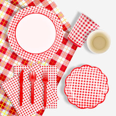Gingham Red and White Party Supplies Disposable Paper Plates Napkins Cups Knives Spoons Forks Tablecloth Banner for Birthday Party Family Dinner Picnic Barbecue Mother'S Day Party, Serve 25