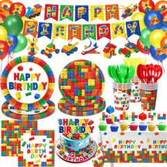 173 PCS Building Block Birthday Party Decorations - Plates, Napkins, Cups, Cutlery, Cake & Cupcake Toppers, Banner, Hanging Swirls, Tablecloth, Balloons for Boys' Kids' Birthday Party, Serves 20