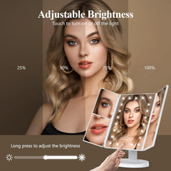 Makeup Mirror Vanity Mirror with Lights, 2X, 3X, 10X Magnification, Touch Control, Trifold, White, 9.4"L X 13.4"W, Modern Style, Dresser Mount, Bathroom