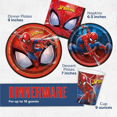 Spiderman Birthday Party Supplies Set - Serves 16 Guests | Spiderman Party Supplies Pack with Dinner Plates, Cake Plates, Cups, Napkins and Button
