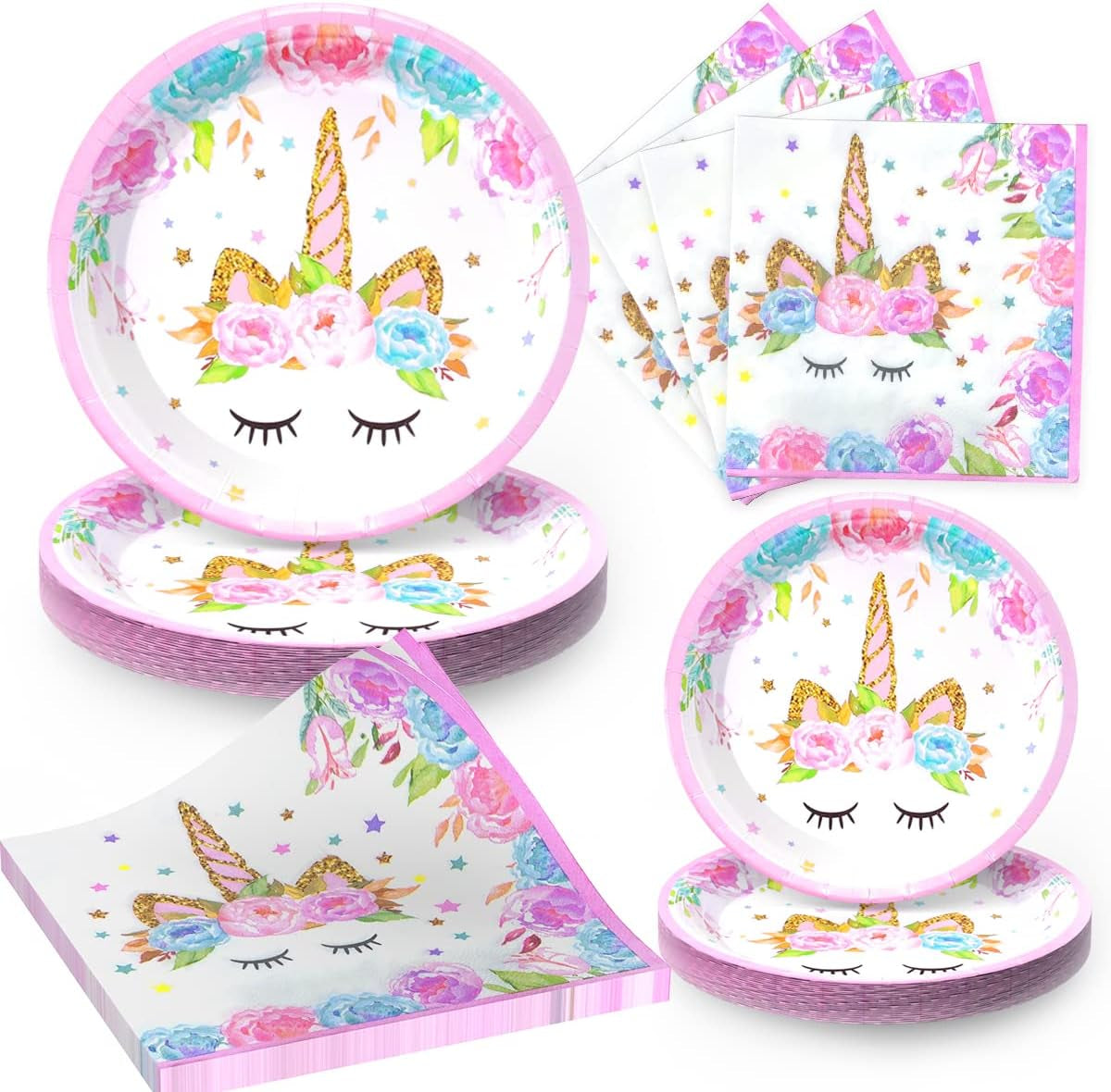 Unicorn-Themed Birthday Party Decoration Set for Girls, Complete Supplies Including Plates and Napkins, 96-Piece Magical Unicorn Party Essentials (Pink)