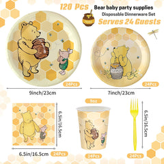 120Pcs Classic Winnie Bear Birthday Party Supplies - Plates, Napkins, Cups - Gender Neutral Baby Decoration - Serves 24 Guests