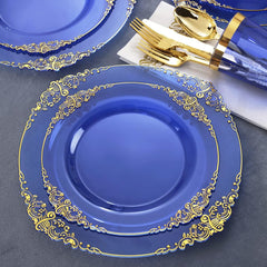 175PCS Clear Blue Plastic Plates - Gold Plastic Plates Sets Include 25Dinner Plates, 25Dessert Plates, 25Cups, 25Forks, 25Knives, 25Spoons, 25Napkins for Weddings & Father'S Day