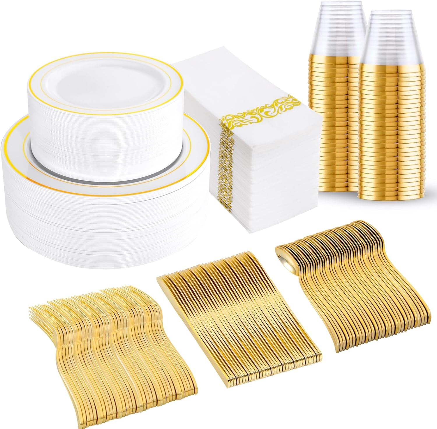 350PCS Gold Plastic Dinnerware Set - Gold Disposable Dinnerware for 50 Guests, Includes 50 Dinner Plates, 50 Dessert Plates, 50 Forks, 50 Knives, 50 Spoons, 50 Cups & 50 Napkins for Party