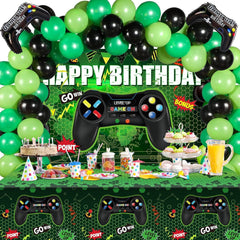 Video Game Birthday Party Decorations Set Gaming Happy Birthday Supplies Includes Video Game Backdrop, Table Covers, Balloons and Foil Gamer Balloons for Party(Green and Black)