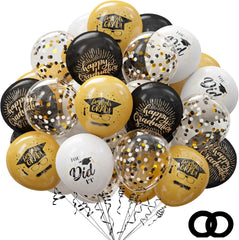 75 Pack Graduation Party Decorations Balloons Set - 12 Inch Black Gold Balloons with Balloon Ribbons for Graduation Party Decoration Supplies