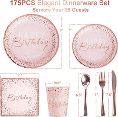 175PCS Happy Birthday Plates and Napkins Party Supplies, Paper Pink and Rose Gold Plastic Forks Knives Spoons Serve 25 Guests for Girl Women