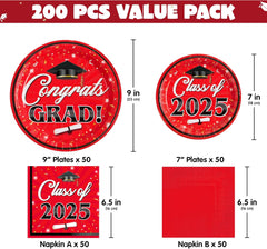 200 Pcs Graduation Party Plates and Napkins Red Dinnerware Set Supplies, 2025 Disposable Dessert Paper Plates Luncheon Cocktail Napkins for Congrats Grad Graduation Decorations, Serve 50