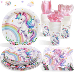 175Pcs Unicorn Birthday Decorations Plates Set,Unicorn Party Decorations Pastel Rainbow Plates Napkins Cups and Cutlery for 25 Guests