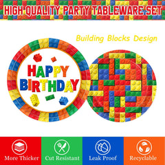 173 PCS Building Block Birthday Party Decorations - Plates, Napkins, Cups, Cutlery, Cake & Cupcake Toppers, Banner, Hanging Swirls, Tablecloth, Balloons for Boys' Kids' Birthday Party, Serves 20