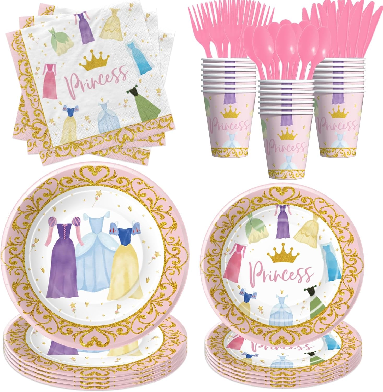 Princess Birthday Party Decorations Tableware - Princess Party Decorations Supplies for Birthday Baby Shower, Plate, Cup, Napkin, Disposable Cutlery, Princess Birthday Decorations | 24 Guest
