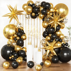 Black and Gold Balloons Garland Arch Kit,Black Gold Confetti Star Balloons for 2025 Graduation Class Decorations Birthday Party Retirement Prom Masquerade Anniversary Decorations