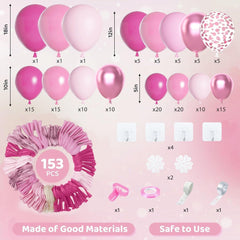153Pcs Pink Balloon Garland Arch Kit, Different Sizes 18 12 10 5 Inch Hot Pink Latex Metallic Confetti Pink Balloons for Birthday Princess Wedding Baby Shower Party Decorations