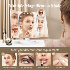 Makeup Mirror Vanity Mirror with Lights, 2X, 3X, 10X Magnification, Touch Control, Trifold, White, 9.4"L X 13.4"W, Modern Style, Dresser Mount, Bathroom