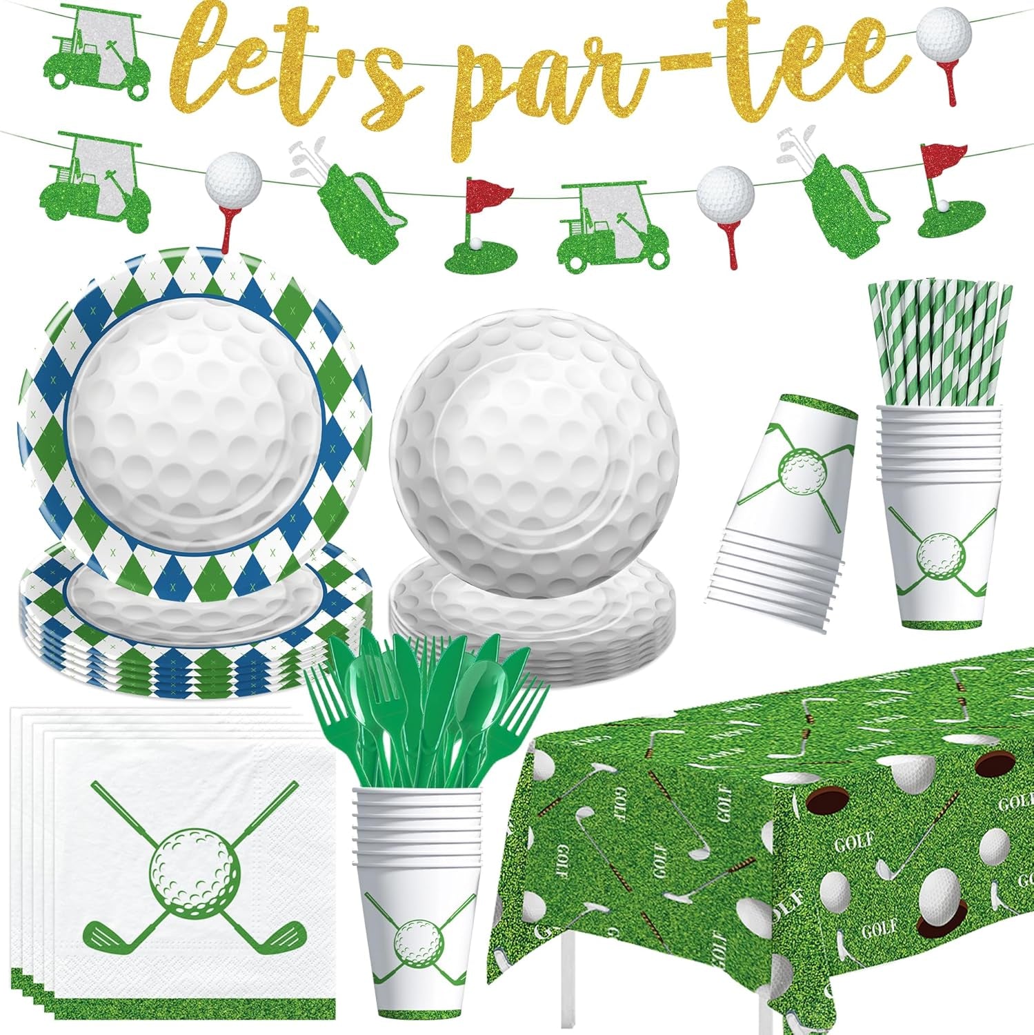 Golf Party Decorations, Golf Birthday Party Supplies, Plate, Napkin, Cup, Let'S Par-Tee Banner, Tablecloth, Cutlery, Golf Decorations for Golf Lover Baby Shower 1St 2Nd Birthday, Serves 24