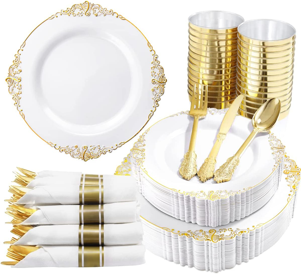 350PCS Gold Plastic Plates - Gold Plastic Dinnerware Sets for 50 Guests - 100 Disposable Plates, 150 Silverware, 50 Cups, 50 Napkins for Wedding & Party & Father'S Day