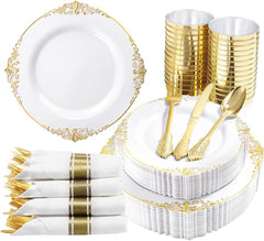 350PCS Gold Plastic Plates - Gold Plastic Dinnerware Sets for 50 Guests - 100 Disposable Plates, 150 Silverware, 50 Cups, 50 Napkins for Wedding & Party & Father'S Day