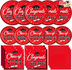 200 Pcs Graduation Party Plates and Napkins Red Dinnerware Set Supplies, 2025 Disposable Dessert Paper Plates Luncheon Cocktail Napkins for Congrats Grad Graduation Decorations, Serve 50