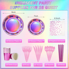 Iridescent Pink Party Supplies Decorations Serve 25, Hot Pink Holographic Paper Plates and Napkins Set, Disposable Pink Paper Plates Cups Knives Spoons Fork for Mermaid Disco Birthday Graduation Party