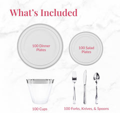 600 Piece Dinnerware Set for 100 Guests - Elegant Disposable Silverware and Party Plates for Events - Includes Cutlery Set with 100 Dinner Plates, Salad Plate, Cups, Knives, Forks, and Spoons