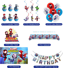 Spidey Birthday Decorations, Party Supplies Set Include Banner, Backdrop, Balloons, Hanging Swirls, Cake Cupcake Toppers, Tablecloth for Boys Girls Spidey Theme Party