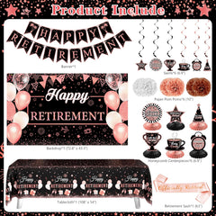 Retirement Party Decorations for Women 109Pcs Rose Gold Black Happy Retirement Decorations Retired Banner Backdrop Balloons Sash Hanging Swirls Pompoms Tablecloth Honeycomb Centerpiece(Rose Gold)