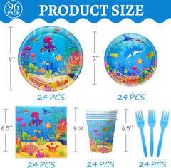 120 Pcs under the Sea Party Decorations Ocean Birthday Party Plates and Napkins Set Sea Animal Theme Tableware Set Underwater Creatures Table Decor Supplies Paper Plates Napkins Cups for 24 Guests