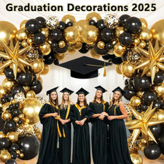 Black and Gold Balloons Garland Arch Kit,Black Gold Confetti Star Balloons for 2025 Graduation Class Decorations Birthday Party Retirement Prom Masquerade Anniversary Decorations