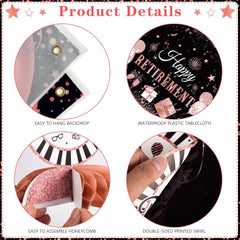Retirement Party Decorations for Women 109Pcs Rose Gold Black Happy Retirement Decorations Retired Banner Backdrop Balloons Sash Hanging Swirls Pompoms Tablecloth Honeycomb Centerpiece(Rose Gold)