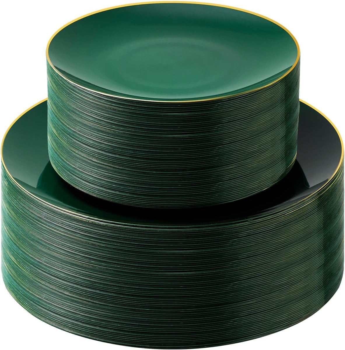 100-Piece Green and Gold Plastic Plate Set for Parties and Weddings, Featuring 50 Dinner Plates and 50 Dessert Plates for 50 Guests
