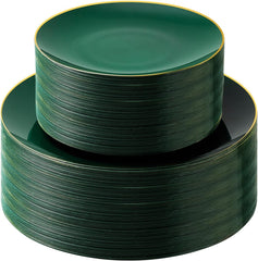 100-Piece Green and Gold Plastic Plate Set for Parties and Weddings, Featuring 50 Dinner Plates and 50 Dessert Plates for 50 Guests