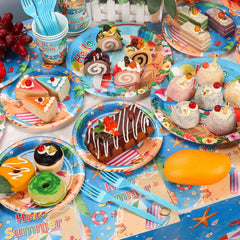 Beach Paper Plates, Beach Plates and Napkins Party Supplies, Disposable Plates, Cups, Napkins, Cutlery and Tablecloth for Hawaiian, Summer Party, Beach Birthday Party Decorations Serves 24