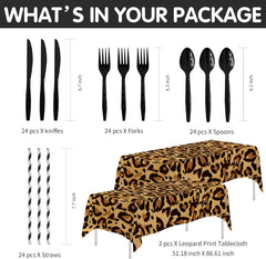 Leopard Print Party Supplies - Cheetah Print Party Decorations Tableware, Plate, Cup, Napkin, Tablecloth, Cutlery, Safari Animal Leopard Theme Birthday Baby Shower Party Supplies | Serve 24