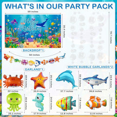 Under the Sea Party Decorations 98Pcs, Ocean Theme Birthday Party Supplies Include Backdrop Tablecloth Bubble Garlands Cake Topper Ocean Animals Balloons for Pool Beach Party Baby Shower (Ocean-01)
