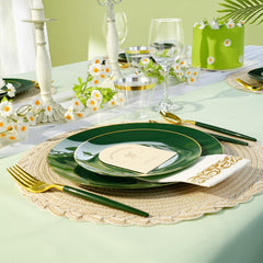 100-Piece Green and Gold Plastic Plate Set for Parties and Weddings, Featuring 50 Dinner Plates and 50 Dessert Plates for 50 Guests