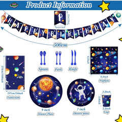 Outer Space Birthday Party Supplies Serve 24 Space Party Tableware Set Including Happy Birthday Banner Solar System Tablecloth Paper Plates Cups Napkins Knives Forks Spoons for Kids Party Decoration