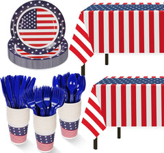 Patriotic Party Supplies,152Pcs American Flag Themed Party Set,Patriotic Party Decorations,American Flag Tablecloth,4Th of July Plates Cups,Red White and Blue Decor for Outside,Picnic,Memorial