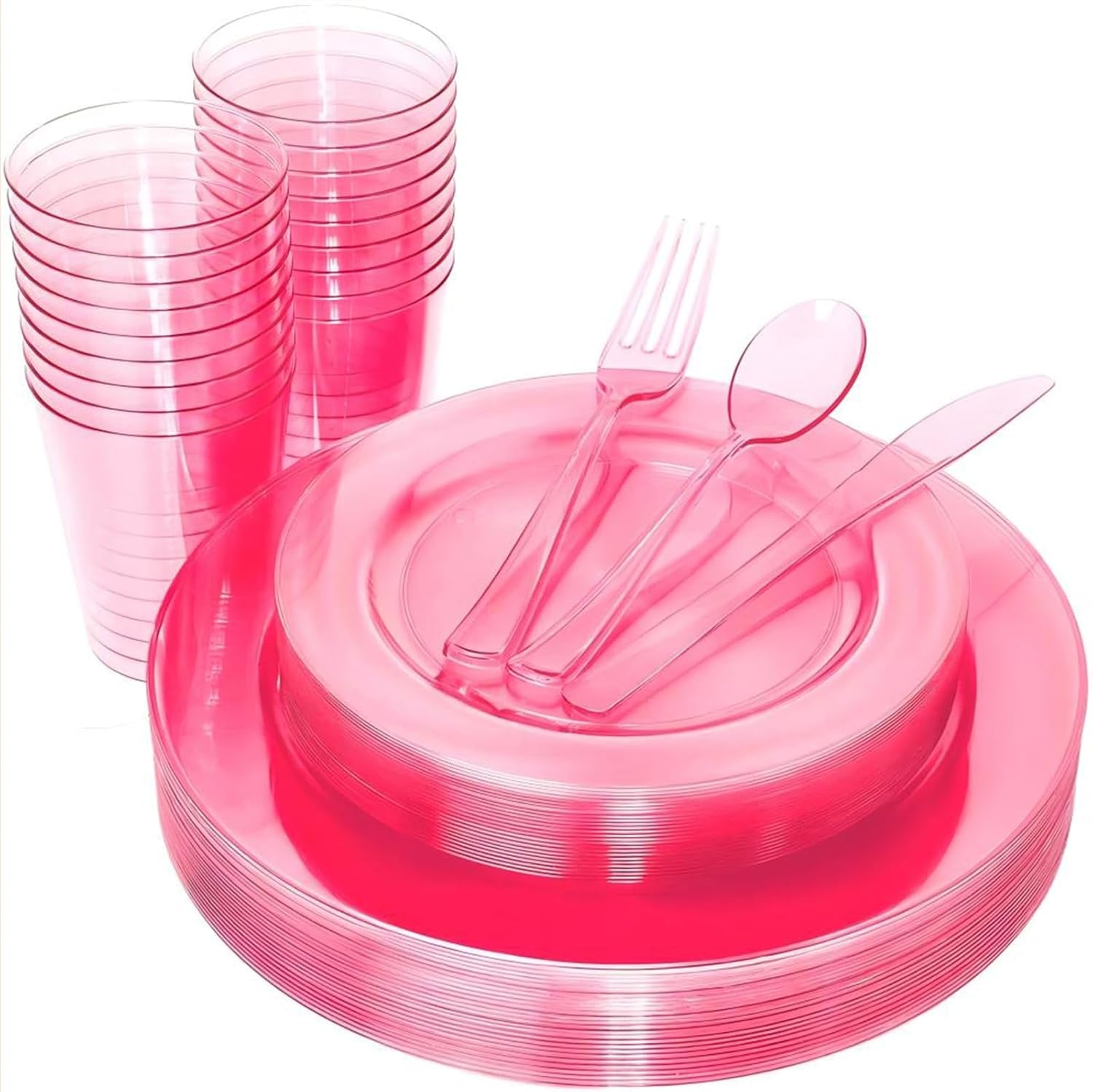 25 Guest Pink Plates with Pink Plastic Silverware&Pink Cups-Neon Clear Disposable Dinnerware Include 50 Plates,25Forks, 25 Knives, 25 Spoons,25 Plastic Cups for Party and Baby Shower