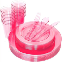 25 Guest Pink Plates with Pink Plastic Silverware&Pink Cups-Neon Clear Disposable Dinnerware Include 50 Plates,25Forks, 25 Knives, 25 Spoons,25 Plastic Cups for Party and Baby Shower